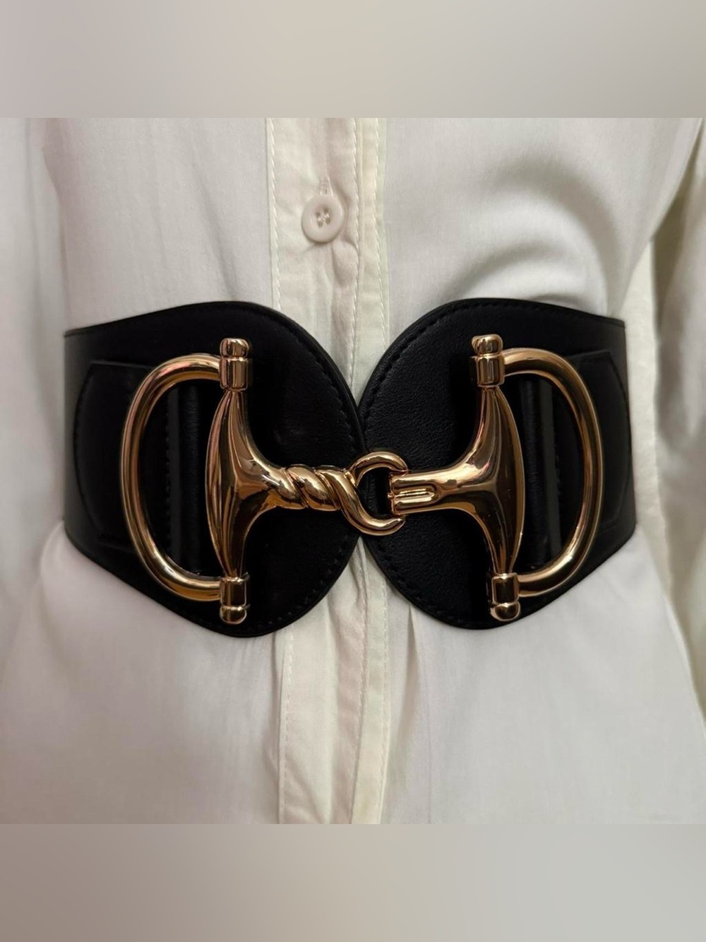 Black PU leather gold tone buckle elastic waistband belt